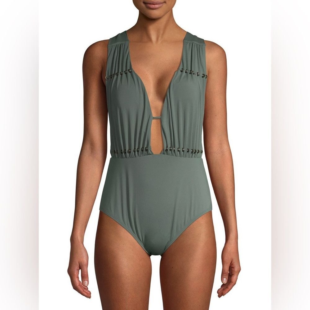 Time and Tru Women's Beaded Plunge One Piece Swimsuit Green Size XL (16-18)